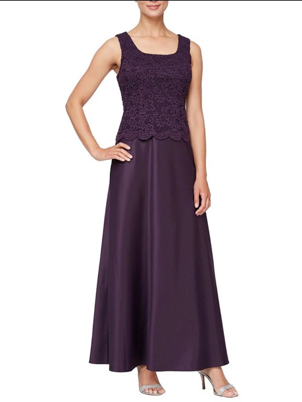 Glitter Lace 3/4 Sleeve Square Neck Scallop Hem Bodice 2-Piece Jacket Gown